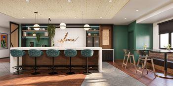 a rendering of a kitchen with green walls and a white bar with green stools